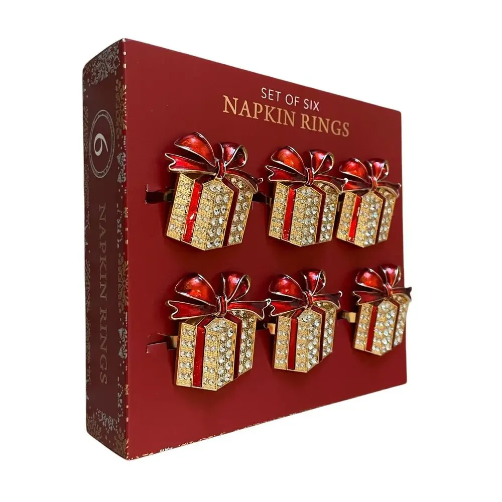 Envogue Rhinestone CHRISTMAS Present Napkin Rings Set of 6 Holiday Red Gold New